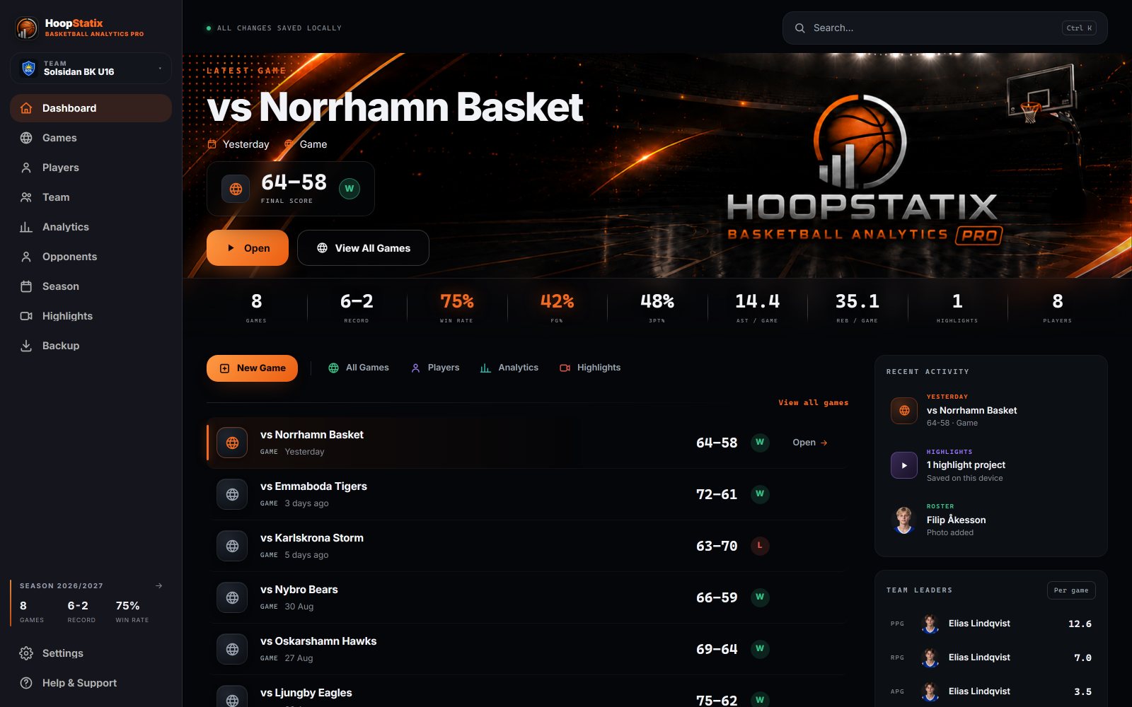 Desktop dashboard: latest game, season 6–2, recent activity