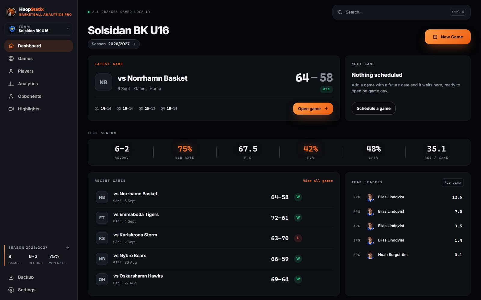 Desktop dashboard: latest game, season 6–2, recent activity